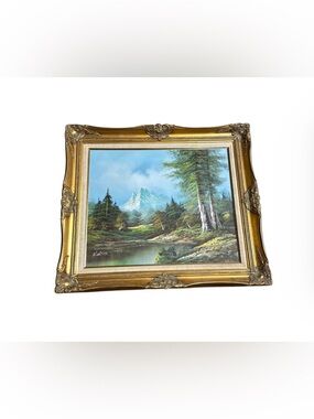 Framed Landscape Oil Painting in Gold Frame - Blue & Green Mountains